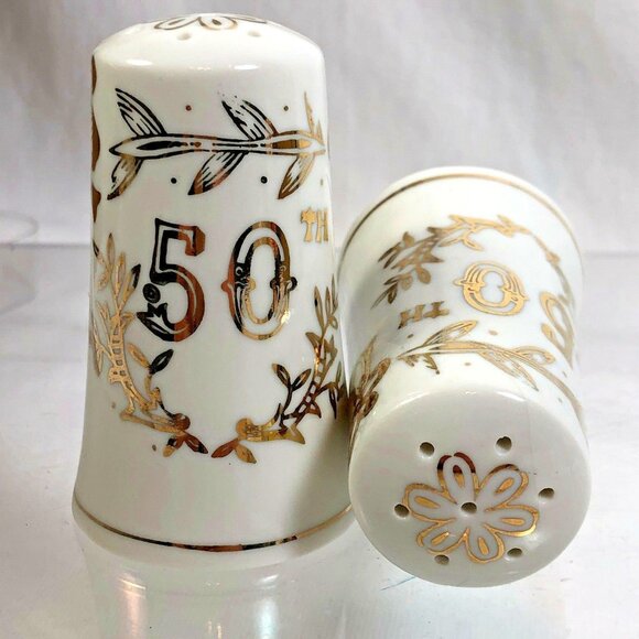 Vintage Lefton 50th Anniversary Salt and Pepper Shaker Set White Gold Trim 1955 - Picture 1 of 11
